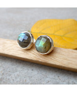 Blue Fire Labradorite 925 silver stud earrings Labradorite Round Faceted... - £21.10 GBP