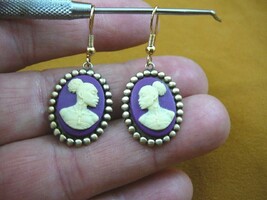 CAE1-39) Rare African American Lady Ivory + Purple Cameo Dangle Earrings Jewelry - £18.45 GBP