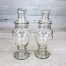 Vintage Clear Glass 8&quot; Vitamins Apothecary Jars Set 2 His &amp; Hers for Daily Meds - £23.62 GBP