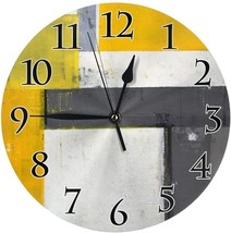 Silent Wall Clock Gray White Yellow Hanging Round Abstract Modern Decor 10&quot; - £19.77 GBP