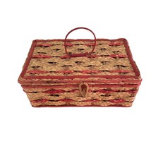 Vintage Sewing Basket Braided 1960&#39;s Woven Wicker Hinged Wood Base 3.5 x... - $37.40