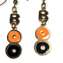 Halloween BOO Earrings Orange and Black Enamel - Shiny Gold Tone - Drop Dangle - £11.21 GBP