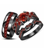 2.50CT Round Simulated Red Garnet Trio Wedding Ring Set 14k Black Gold P... - $268.83 CAD