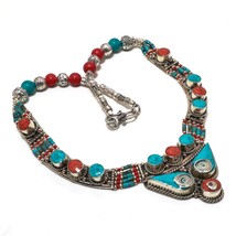 Tibetan Turquoise Red Coral Gemstone Ethnic Jewelry Necklace Nepali 18&quot; SA 4255 - £12.78 GBP