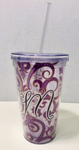 Monogrammed M Plastic Purple &amp; Gold Scroll Tumbler Cup With Sealed Lid &amp; Straw - £10.38 GBP