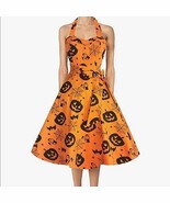 new TOPDRESS Vintage Halloween Halter Dress sz S orange pumpkin outfit c... - €21,06 EUR