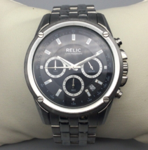 Relic Chronograph Watch Men 43mm Silver Tone Black Dial Date New Battery 7.75&quot; - £31.30 GBP