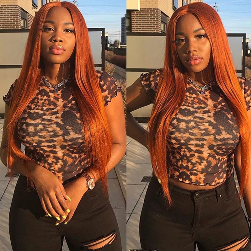 Ginger Lace Front Wig Straight Orange Human Hair Wigs 180 Density Brazil... - $93.33+