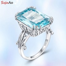 Szjinao Real 925 Sterling Silver Aquamarine Rings For Women Sky Blue Top... - £26.62 GBP