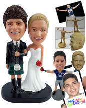 Personalized Bobblehead Happy couple with the groom on a Classic Scotish garment - £124.69 GBP