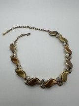 Antique Designer Gold Tone Brown Leaf Iridescent Rhinestone Faux Pearl Necklace - £30.66 GBP