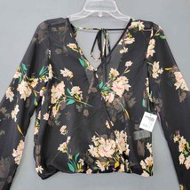 Charlotte Russe Womens Shirt Size S Crop Sheer Black Pink Floral Plunge V-Neck - £9.78 GBP