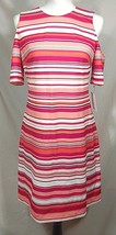 New CALVIN KLEIN Cold Shoulder Dress Womens Sz 6 Striped Sheath Pink Coral Small - £49.35 GBP