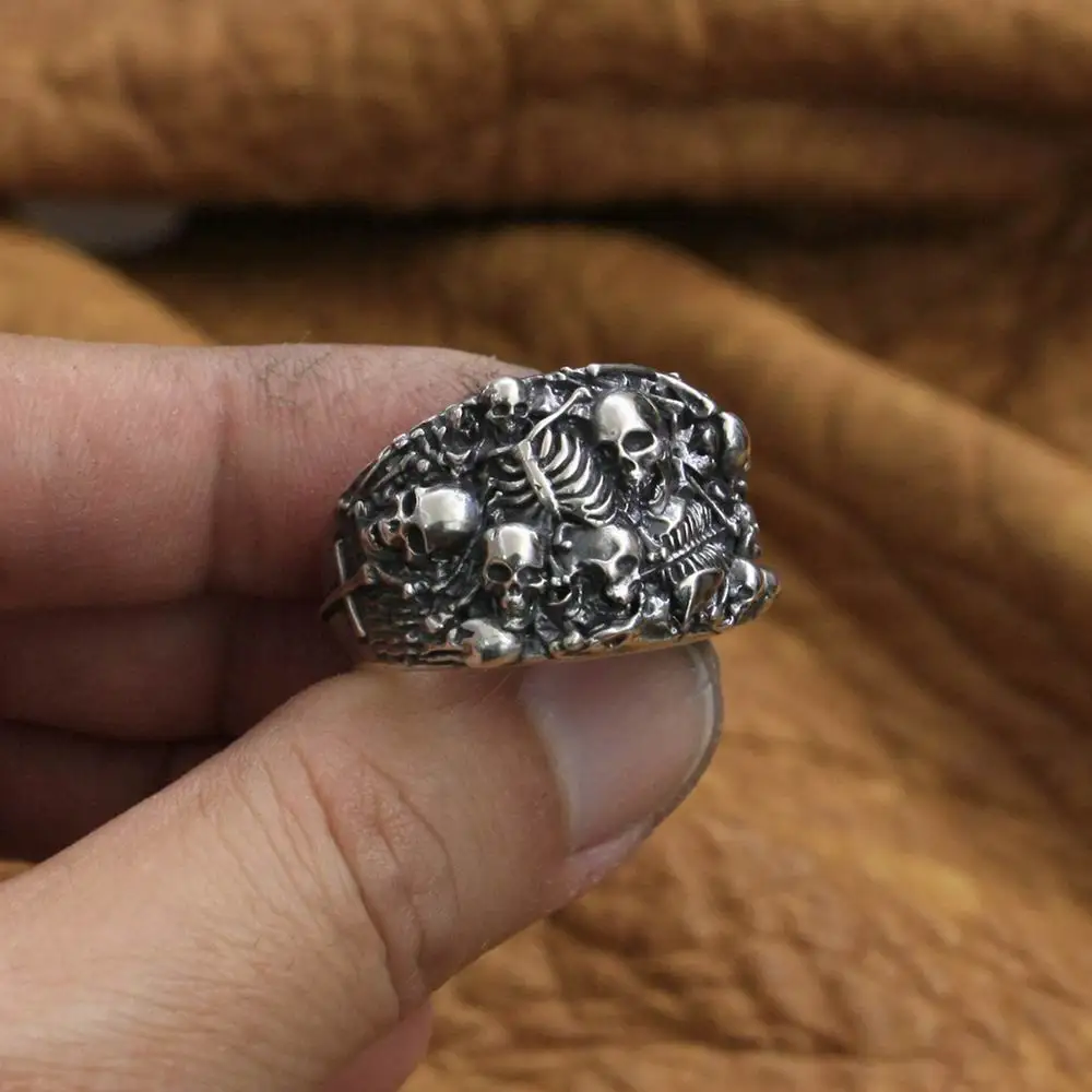 Skulls Grave Ring 925 Sterling Silver Mens Biker Rock Punk Ring TA257 US Size 7  - £130.96 GBP