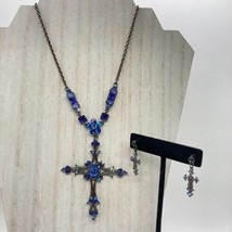 Vintage Aurora Borealis Blue Rhinestone Victorian Cross Necklace Pierced... - £15.79 GBP