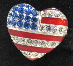 Red White &amp; Blue Flag Heart Pin Stars Stripes 1&quot; Brooch Silver Rhinestone Enamel - £3.87 GBP