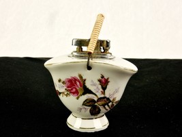 Porcelain Table Lighter, Basket Shape, Faux Wicker Handle, Floral Patter... - $24.45