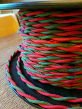 Cloth Covered Cord -  Red &amp; Green Wire Twisted, Vintage Style Fabric Lamp Cable - £1.00 GBP