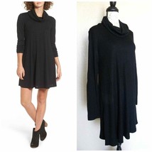 Socialite Solid Black Shift Knit Dress Women Medium Cowl Neck Long Sleeve Rayon - £15.50 GBP