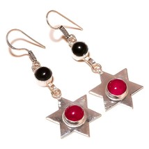 Burma Ruby, Black Onyx Gemstone 925 Silver Overlay Handmade Dangle Star Earrings - £7.98 GBP