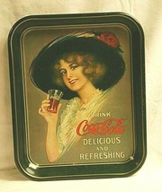 Old Vintage Coca Cola Coke Woman w Hat Coke Glass Litho Tin Metal Servin... - $29.69