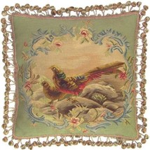 Aubusson Throw Pillow 20x20 Two Pheasants Handwoven Fabric, Blue - £305.26 GBP