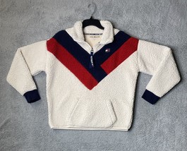 Tommy Hilfiger Sport Cream Blue Red 1/4 zip Sherpa Pullover Sweater Wome... - $23.51