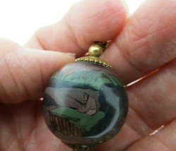 Vtg Glass Ball Pendant Necklace Asian Scenes Fisherman Huts 1&quot; Diameter Story - £23.94 GBP