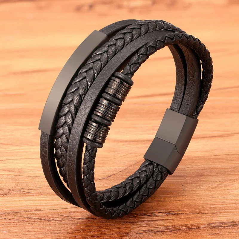 New Stainless Steel Black Multilayer Genuine Leather Bracelet For Men Magnetic C - £16.18 GBP