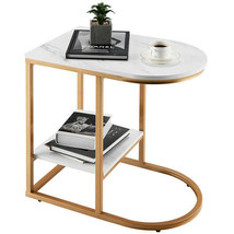 C-shaped Side Table with Faux Marble Tabletop and Golden Steel Frame-White - £88.23 GBP