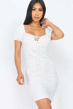 White Front Lace Up V Neck Short Sleeve Bodycon Ruched Party Clubwear Mi... - $19.00
