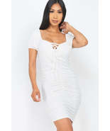 White Front Lace Up V Neck Short Sleeve Bodycon Ruched Party Clubwear Mi... - £15.14 GBP