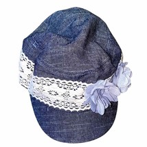 Elastafit Denim Chambray hat with lace Embroidered overlay and grey Flowers - $16.61
