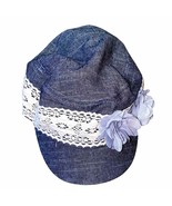 Elastafit Denim Chambray hat with lace Embroidered overlay and grey Flowers - £13.06 GBP