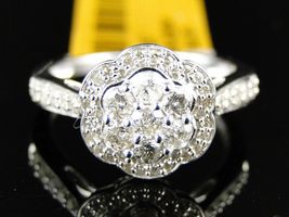 14K White Gold Fn Cluster Round Sim Diamond Bridal Engagement Flower Ring - £61.48 GBP