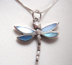 Reversible Dragonfly Blue Mother of Pearl 925 Sterling Silver Necklace Small - £11.47 GBP