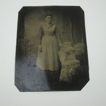 Tintype Photo Young Woman Tinted Cheeks Apron Stands at Rock Trees Antique 1800s - £31.92 GBP