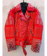 New Men's Red Silver Spiked Studded Brando Style Punk Belted Leather Jacket-997 - $479.99 - $549.99