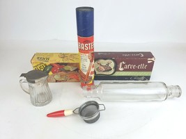 50s/60s Kitchen Utensils Lot Turkey Baster Glass Rolling Pin Strainer Slicer VTG - £38.93 GBP