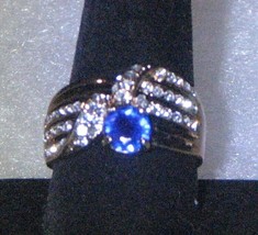 Vintage Sapphire with Zircon Gemstones Coated Brass, Gold Colored Ring Sz. 10.75 - £23.22 GBP