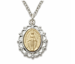Sterling Silver 2 Tone Oval Filagree Miraculous Medal Necklace &amp; Chain - £96.38 GBP