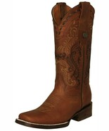 Womens Western Boots Cognac Leather Square Toe Embroidered Dama Botas Va... - $119.50