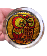 Vintage Owl Paperweight Round Glass Orange Colorful MCM Retro Decor 60s 70s - $20.32