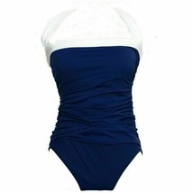 RALPH LAUREN Indigo Blue Shirred Bandeau Halter Slimming Fit Swimsuit 12 - £47.44 GBP