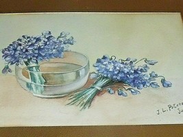 Antique 1896 Signed Floral Watercolor Painting Blue Violets Flower Peters - $197.99