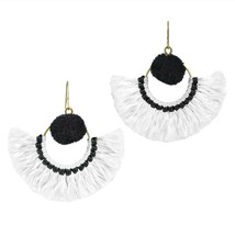 Stylish Fan Shaped White Tassels with Black Accents Brass Dangle Earrings - £10.89 GBP