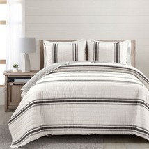 King Size Black White 3 Piece Stripe Reversible Cotton Quilt Set - $232.99