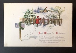 Antique PC Best Wishes for (Merry) Christmas Mailbox Girl Red Coat Gate 1923 - £4.05 GBP
