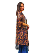 Kimono Leopard with Black Fringe Sheer Mid Length Vest US Size Medium - $19.79