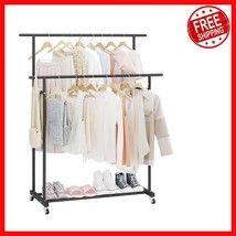 Versatile Double Rod Clothes Rack with Wheels &amp; Storage Shelves - Black - $49.49